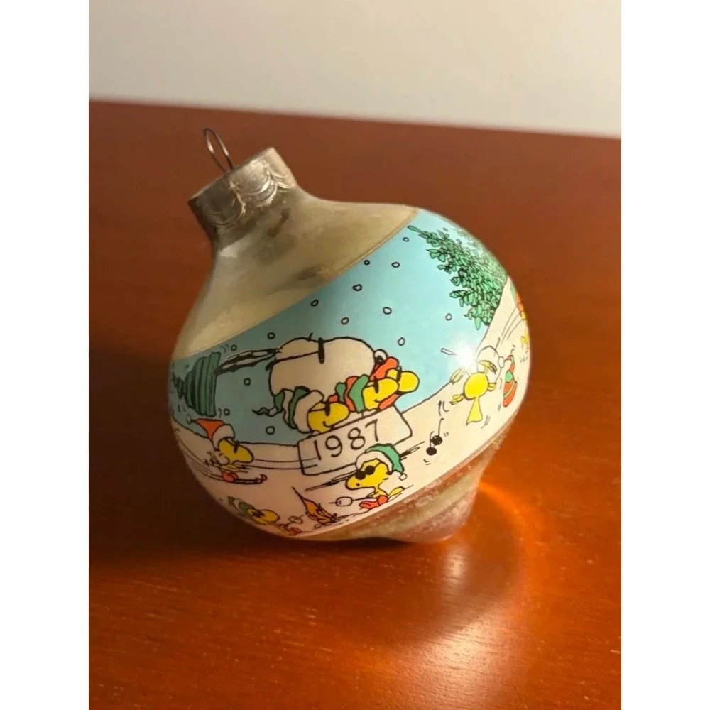 Vintage 1987 Peanuts Snoopy Woodstock Christmas Ornament Glass Bauble Retro 80s